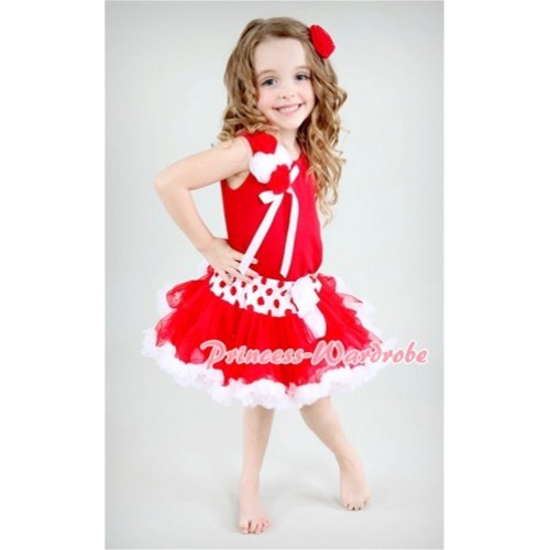 Red White Polka & Minnie Dot Waist Pettiskirt with a Bunch of Red White Rosettes and White Bow Red Tank Top M401 
