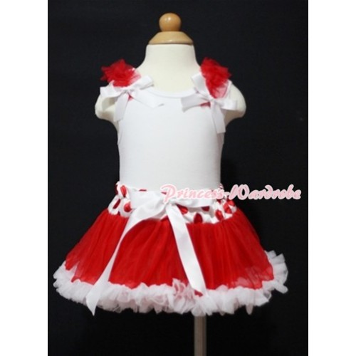 White Baby Pettitop & Red Ruffles & White Bow with Red White Polka & Minnie Dot Waist Baby Pettiskirt NG803 