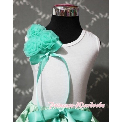 White Tank Top with Bunch of Aqua Blue Roses and Aqua Blue Bow TB90 