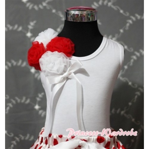 White Tank Top with Bunch of Red White Rosettes and White Bow TB91 