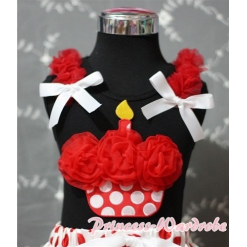 Red Rosettes Red White Polka & Minnie Dot Birthday Cake Black Tank Top with Red Ruffles and White Bow T356 