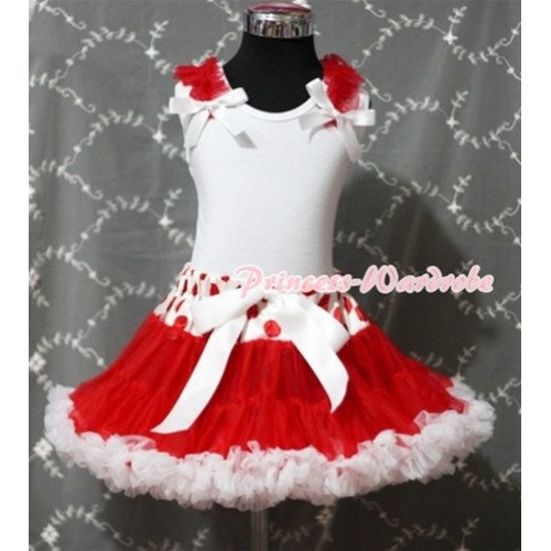 White Tank Top With Red Ruffles & White Bow with Red White Polka Waist Red White Pettiskirt MN074 