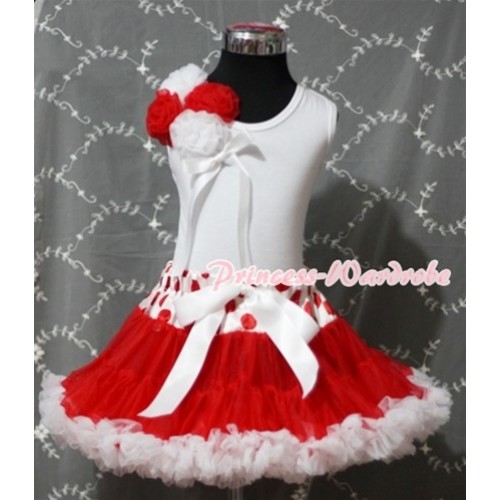 Red White Polka Dots Waist Red White Pettiskirt with Bunch of White Red Rosettes with White Ribbon White Tank Top MG403 