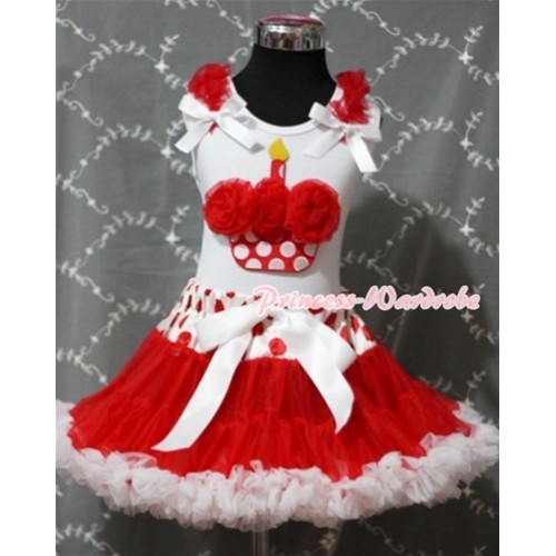 Red White Polka Dots Waist Pettiskirt With Red Rosettes Minnie Dots Birthday Cake White Tank Top and Red Ruffles& White Bow SC084 