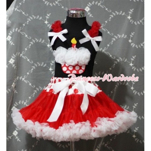 Red White Polka Dots Waist Red White Pettiskirt With White Rosettes Minnie Dots Birthday Cake Black Tank Top and Red Ruffles White Bows MW91 