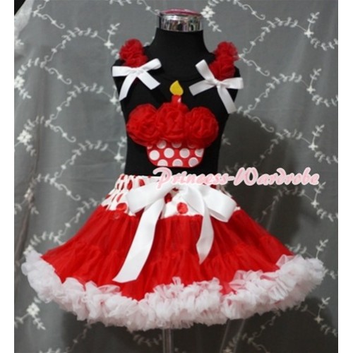 Red White Polka Dots Waist Red White Pettiskirt With Red Rosettes Minnie Dots Birthday Cake Black Tank Top and Red Ruffles White Bows MW92 