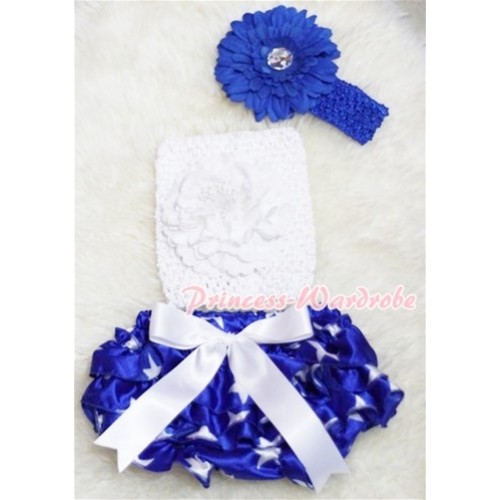 White Giant Bow Patriotic Star Bloomer, White Peony White Crochet Tube Top, Royal Blue Headband Flower 3PC Set CT204 