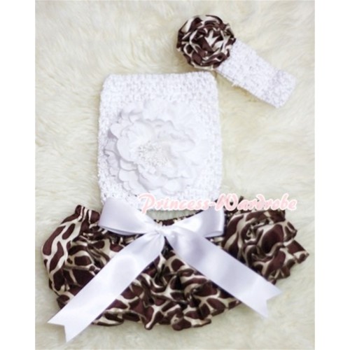 White Giant Bow Giraffe Bloomer, White Peony White Crochet Tube Top, White Headband Giraffe Rose 3PC Set CT205 