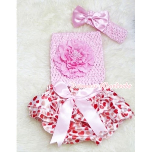 Pink Giant Bow Cream Hearts Bloomer, Pink Peony Pink Crochet Tube Top, Pink Headband Bow 3PC Set CT206 