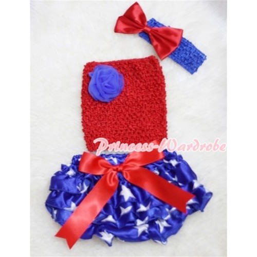 Red Giant Bow Patriotic Star Bloomer, Royal Blue Rose Red Crochet Tube Top, Royal Blue Headband Red Bow 3PC CT211 