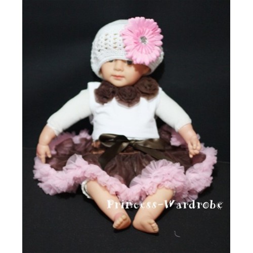 White Baby Pettitop & Brown Rosettes with Brown Light Pink Baby Pettiskirt NG84 