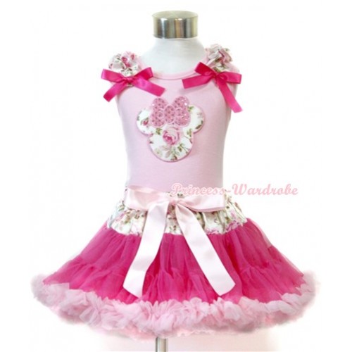 Light Pink Tank Top with Sparkle Light Pink Rose Minnie Print with Light Pink Rose Fusion Ruffles & Hot Pink Bow With Light Pink Rose Fusion Waist Hot Light Pink Pettiskirt M517 