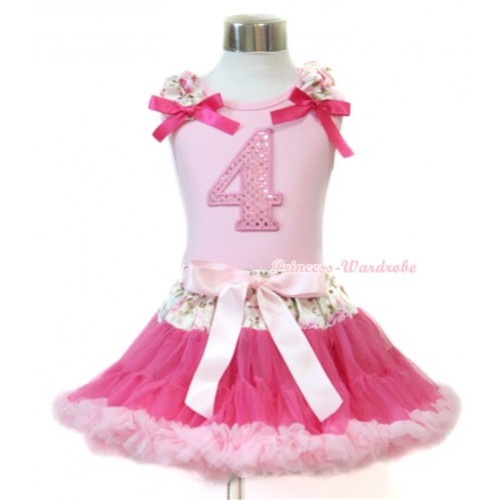 Light Pink Tank Top with 4th Sparkle Light Pink Birthday Number Print with Light Pink Rose Fusion Ruffles & Hot Pink Bow With Light Pink Rose Fusion Waist Hot Light Pink Pettiskirt M521 