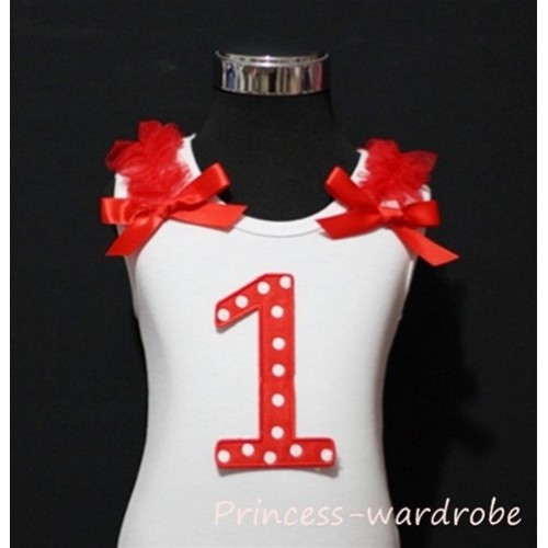 1st Red White Polka Dots Print Birthday number White Tank Top with Red Ribbon and ruffles TM02 