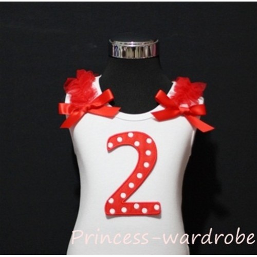 2nd Red White Polka Dots Print Birthday number White Tank Top with Red Ribbon and ruffles TM04 
