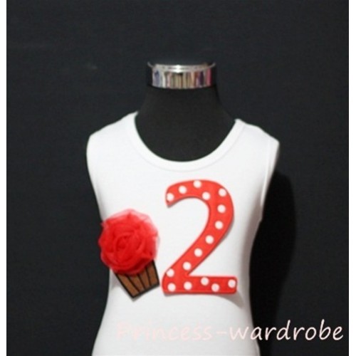 2nd Birthday White Tank Top with Red White Polka Dots Print number and Red Rosettes Cupcake TM09 