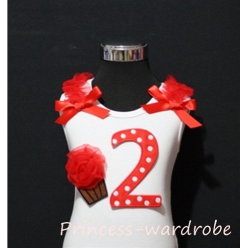 2nd Birthday White Tank Top with Red White Polka Dots Print number and Red Rosettes Cupcake and red Ribbon, Ruffles TM10 