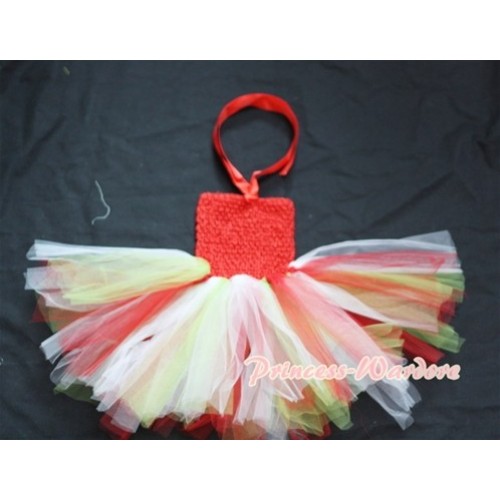 Hot Red Crochet Tube Top with Rainbow Knotted Tulle Tutu One Pieces HT19 