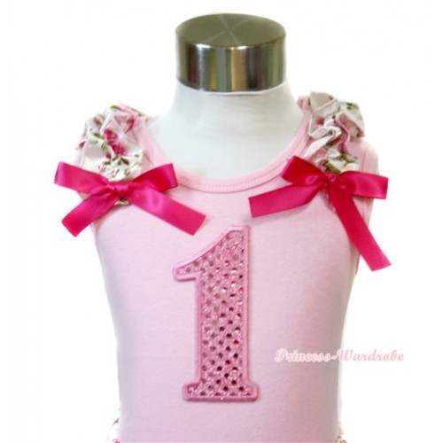Light Pink Tank Top With 1st Sparkle Light Pink Birthday Number Print With Light Pink Rose Fusion Ruffles& Hot Pink Bows TP45 