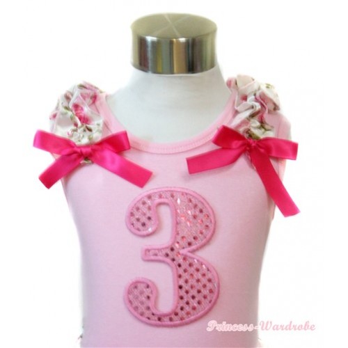 Light Pink Tank Top With 3rd Sparkle Light Pink Birthday Number Print With Light Pink Rose Fusion Ruffles& Hot Pink Bows TP47 