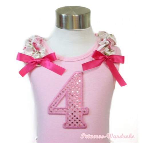 Light Pink Tank Top With 4th Sparkle Light Pink Birthday Number Print With Light Pink Rose Fusion Ruffles& Hot Pink Bows TP48 