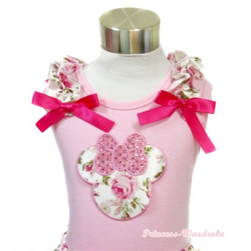 Light Pink Tank Top With Sparkle Light Pink Rose Minnie Print With Light Pink Rose Fusion Ruffles& Hot Pink Bows TP49 