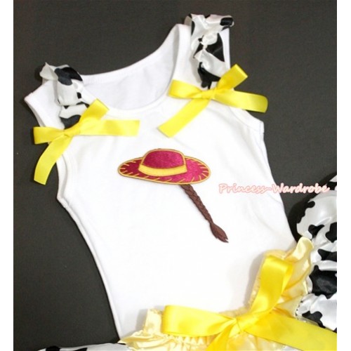 White Tank Top With Cowgirl Hat Braid Print with Milk Cow Ruffles & Yellow Bow TB389 