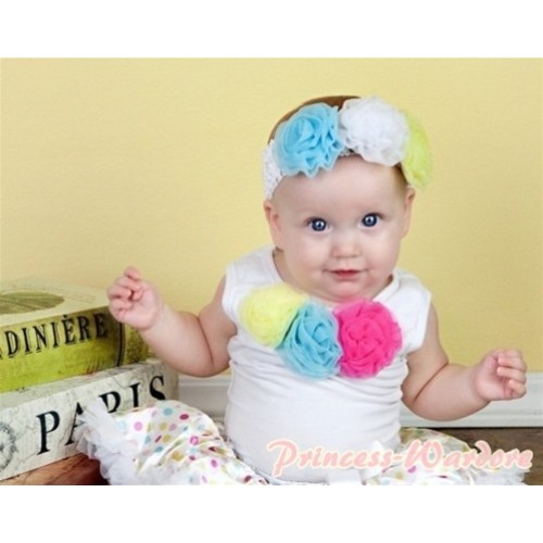 White Baby Pettitop & Yellow Light Blue Hot Pink Rosettes NT125 