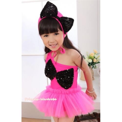 Hot Pink Black Sequin Cute Bow One Piece Sloping Shoulders Swimming Suit with Cap SW68 
