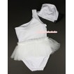 Pure White Black Sequin Cute Bow One Piece Sloping Shoulders Swimming Suit with Cap SW69 