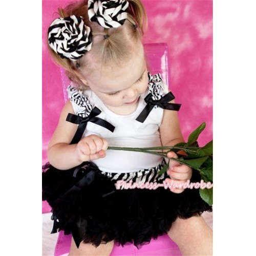 White Baby Pettitop & Zebra Ruffles & Black Bow with Zebra Waist Black Baby Pettiskirt NG813 