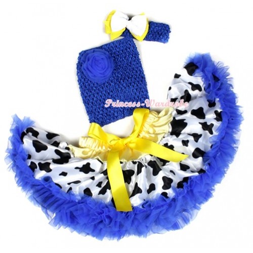 Yellow Royal Blue Milk Cow Baby Pettiskirt,Royal Blue Rose Royal Blue Crochet Tube Top,Royal Blue Headband White Yellow Ribbon Bow 3PC Set CT587 