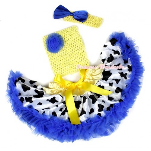 Yellow Royal Blue Milk Cow Baby Pettiskirt,Royal Blue Rose Yellow Crochet Tube Top,Yellow Headband Royal Blue Satin Bow 3PC Set CT588 