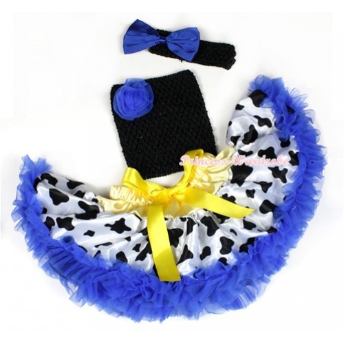 Yellow Royal Blue Milk Cow Baby Pettiskirt,Royal Blue Rose Black Crochet Tube Top,Black Headband Royal Blue Satin Bow 3PC Set CT589 