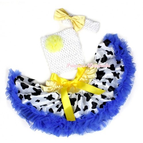 Yellow Royal Blue Milk Cow Baby Pettiskirt,Yellow Rose White Crochet Tube Top,White Headband Yellow Satin Bow 3PC Set CT590 