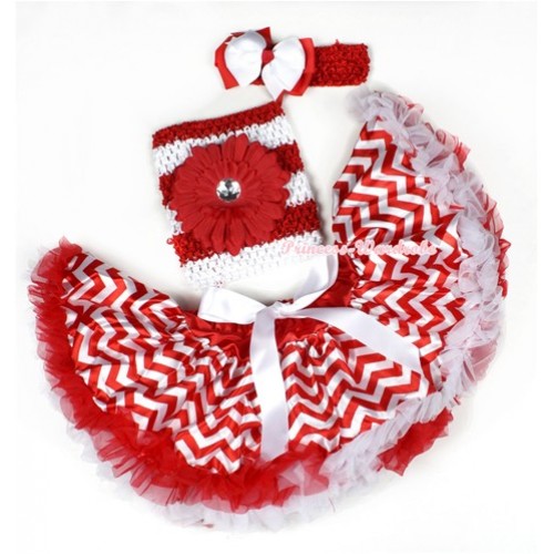 Xmas Hot Red White Wave Baby Pettiskirt,Red Flower Red White Striped Crochet Tube Top,Red Headband White Red Ribbon Bow 3PC Set CT591 