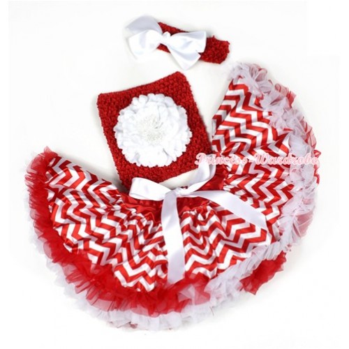 Red White Wave Baby Pettiskirt,White Peony Red Crochet Tube Top,Red Headband White Silk Bow 3PC Set CT593 