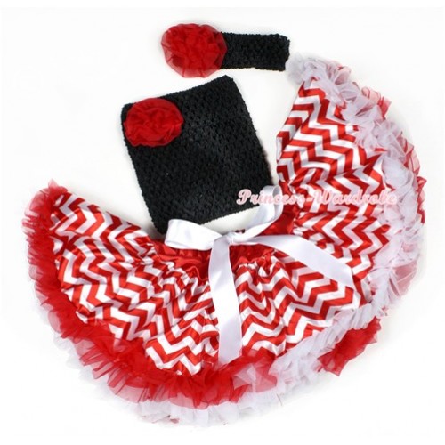 Red White Wave Baby Pettiskirt,Red Rose Black Crochet Tube Top,Black Headband Red Rose 3PC Set CT594 