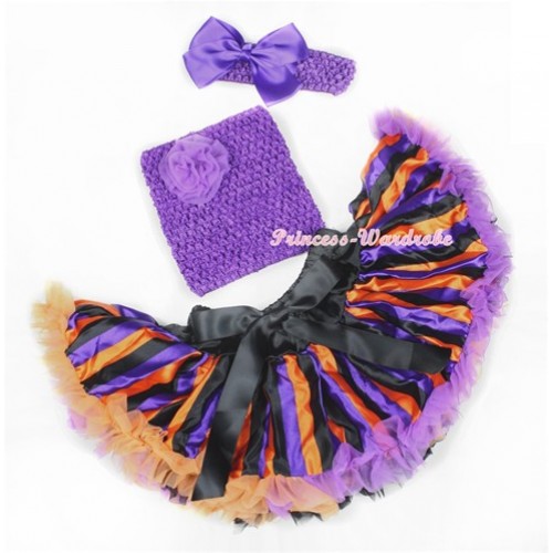 Halloween Dark Purple Orange Black Striped Baby Pettiskirt,Dark Purple Rose Dark Purple Crochet Tube Top,Dark Purple Headband Dark Purple Silk Bow 3PC Set CT602 