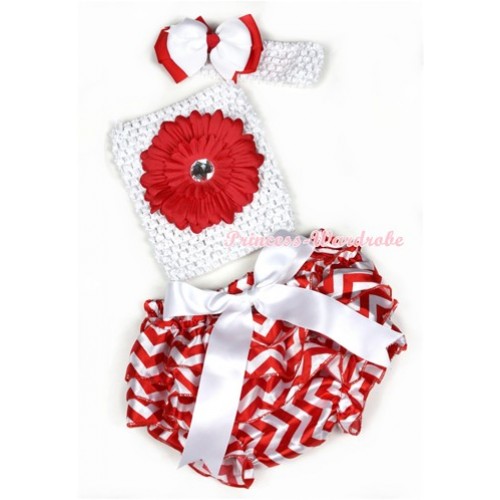 White Big Bow Xmas Hot Red White Wave Satin Bloomer ,Red Flower White Crochet Tube Top,White Headband White Red Ribbon Bow 3PC Set CT608 