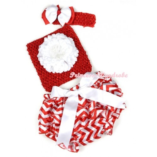 White Big Bow Xmas Hot Red White Wave Satin Bloomer ,White Peony Red Crochet Tube Top,Red Headband White Red Ribbon Bow 3PC Set CT610 