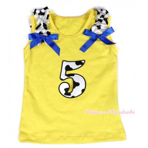 Yellow Tank Top With 5th Milk Cow Birthday Number Print with Milk Cow Ruffles & Royal Blue Bow TN215 