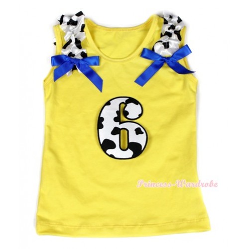 Yellow Tank Top With 6th Milk Cow Birthday Number Print with Milk Cow Ruffles & Royal Blue Bow TN216 