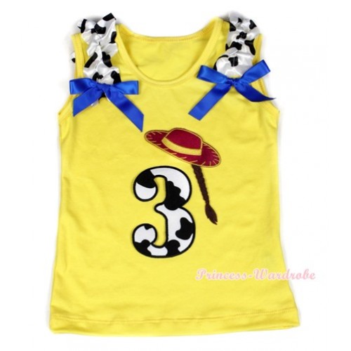 Yellow Tank Top With 3rd Cowgirl Hat Braid Milk Cow Birthday Number Print with Milk Cow Ruffles & Royal Blue Bow TN219 