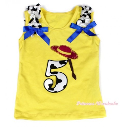 Yellow Tank Top With 5th Cowgirl Hat Braid Milk Cow Birthday Number Print with Milk Cow Ruffles & Royal Blue Bow TN221 