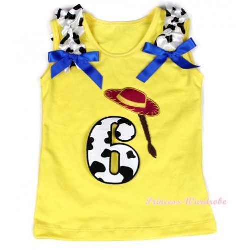 Yellow Tank Top With 6th Cowgirl Hat Braid Milk Cow Birthday Number Print with Milk Cow Ruffles & Royal Blue Bow TN222 