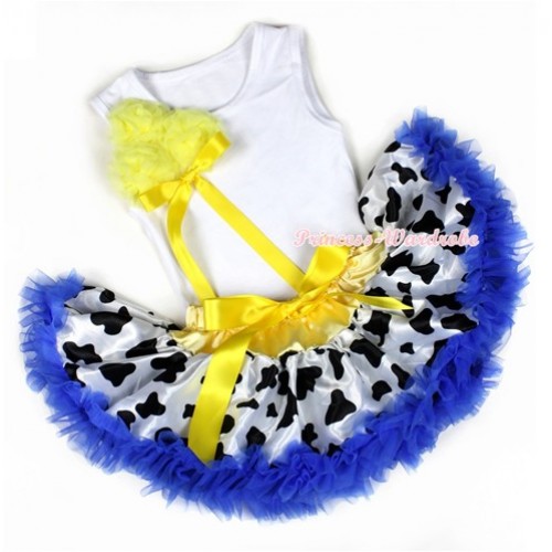 White Baby Pettitop with Bunch of Yellow Rosettes & Yellow Bow with Yellow Royal Blue Milk Cow Newborn Pettiskirt NG1221 