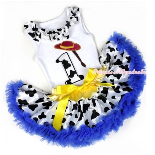 White Baby Pettitop with Milk Cow Satin Lacing & 1st Cowgirl Hat Braid Milk Cow Birthday Number Print with Yellow Royal Blue Milk Cow Newborn Pettiskirt NG1213 