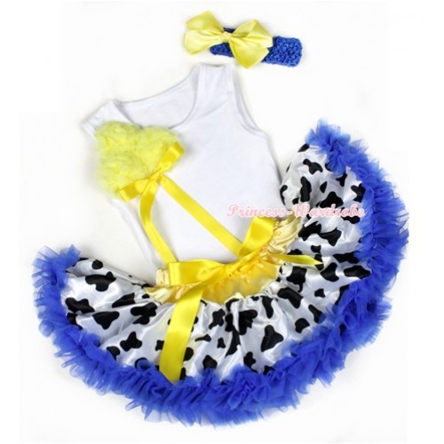 White Baby Pettitop with Bunch of Yellow Rosettes& Yellow Bow with Yellow Royal Blue Milk Cow Newborn Pettiskirt & Royal Blue Headband Yellow Silk Bow 3PC Set NG1216 