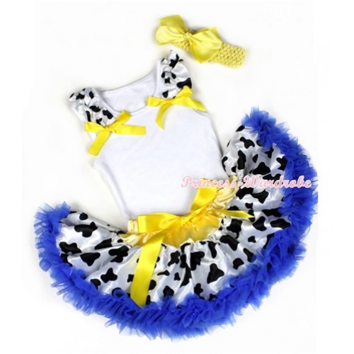 White Baby Pettitop & Milk Cow Ruffles & Yellow Bow with Yellow Royal Blue Milk Cow Newborn Pettiskirt With Yellow Headband Yellow Silk Bow NG1217 